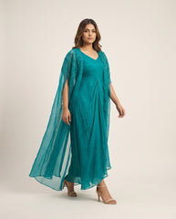 Ayla Drape Dress With Long Cape- Teal Green RTS