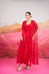 Ayla Drape Dress With Long Cape - Red