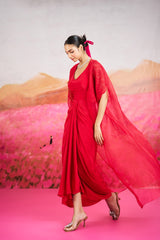 Ayla Drape Dress With Long Cape - Red
