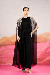 Ayla Drape Dress With Long Cape - Black