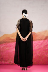 Ayla Drape Dress With Long Cape - Black