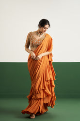 Evie Drape Saree Set - Mustard Orange