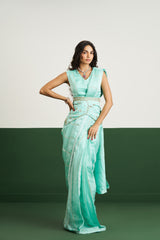 Vanessa Drape Saree Set with Corset - Sea Green