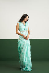 Vanessa Drape Saree Set with Corset - Sea Green