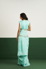 Vanessa Drape Saree Set with Corset - Sea Green