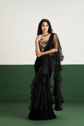 Yuna Drape Saree Set - Black