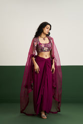 Tessa Skirt Set With Cape - Wine