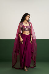 Tessa Skirt Set With Cape - Wine