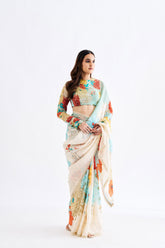 Sage Green Floral Saree With Full Sleeve Blouse
