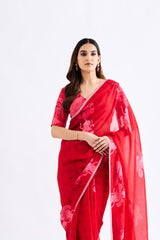 Red Floral Saree With Blouse
