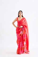 Red Floral Saree With Sleevesless Blouse