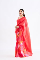 Red Floral Saree With Sleevesless Blouse