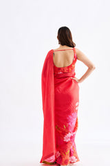 Red Floral Saree With Sleevesless Blouse