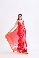 Red Floral Saree With Sleevesless Blouse