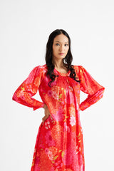 Red Knife-Pleated Floral Kurta RTS