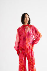 Karla-High Neck Shirt Red Top Set