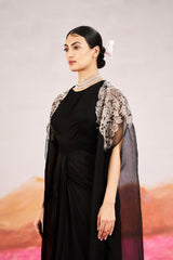 Ayla Drape Dress With Long Cape - Black
