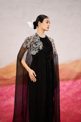 Ayla Drape Dress With Long Cape - Black