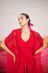 Ayla Drape Dress With Long Cape - Red