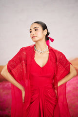 Ayla Drape Dress With Long Cape - Red