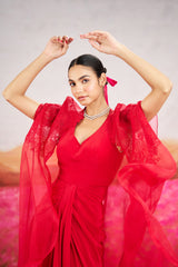 Ayla Drape Dress With Long Cape - Red