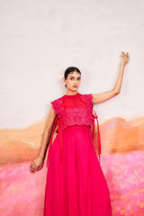 Cora Jumpsuit with Short Cape- Hot Pink & Red