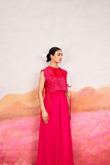 Cora Jumpsuit with Short Cape- Hot Pink & Red