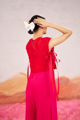 Cora Jumpsuit with Short Cape- Hot Pink & Red