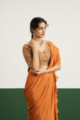 Evie Drape Saree Set - Mustard Orange RTS