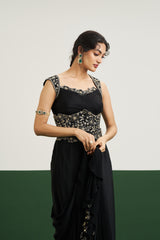 Haily Drape Saree Set with Corset - Black
