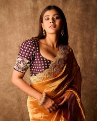 Umika tissue saree with blouse - Sunset yellow | Hebah Patel
