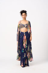 Jugni Drape Skirt Set With Cape- Navy Blue