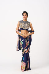 Naveli Drape Saree Set With Cape- Navy Blue