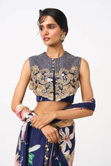 Naveli Drape Saree Set With Cape- Navy Blue