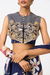 Naveli Drape Saree Set With Cape- Navy Blue