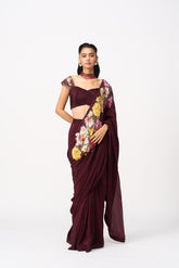 Nahiraa Drape Saree Set-Red Wine