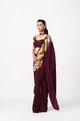 Nahiraa Drape Saree Set-Red Wine