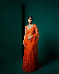 vithi Net drape saree withBlouse - Persimmon Orange