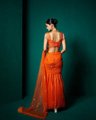 vithi Net drape saree withBlouse - Persimmon Orange