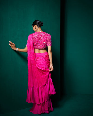 Reba drape saree with blouse - Fuchsia pink