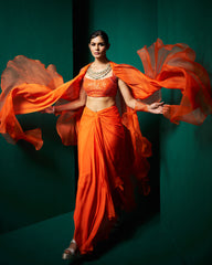 Zoha Drape Skirt Set with Rufflecape - Persimmon Orange