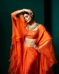 Zoha Drape Skirt Set with Rufflecape - Persimmon Orange