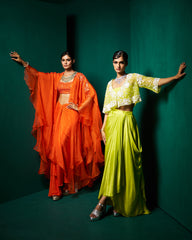 Zoha Drape Skirt Set with Rufflecape - Persimmon Orange