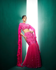 Kimora Lehanga set with Ruffle dupatta - Fuchsia pink