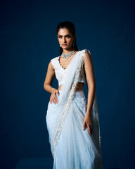 Daria Drape Saree with Blouse - Ice Blue