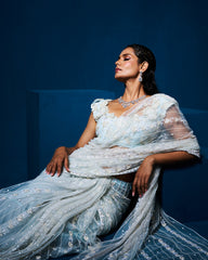 Elara Net Drape Saree with Blouse - Ice Blue