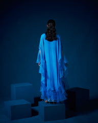 Zoha Drape Skirt Set with Rufflecape - Sapphire Blue