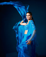 Zoha Drape Skirt Set with Rufflecape - Sapphire Blue