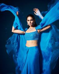 Zoha Drape Skirt Set with Rufflecape - Sapphire Blue