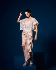 Nessa Drape Skirt Set with Cape -Beige